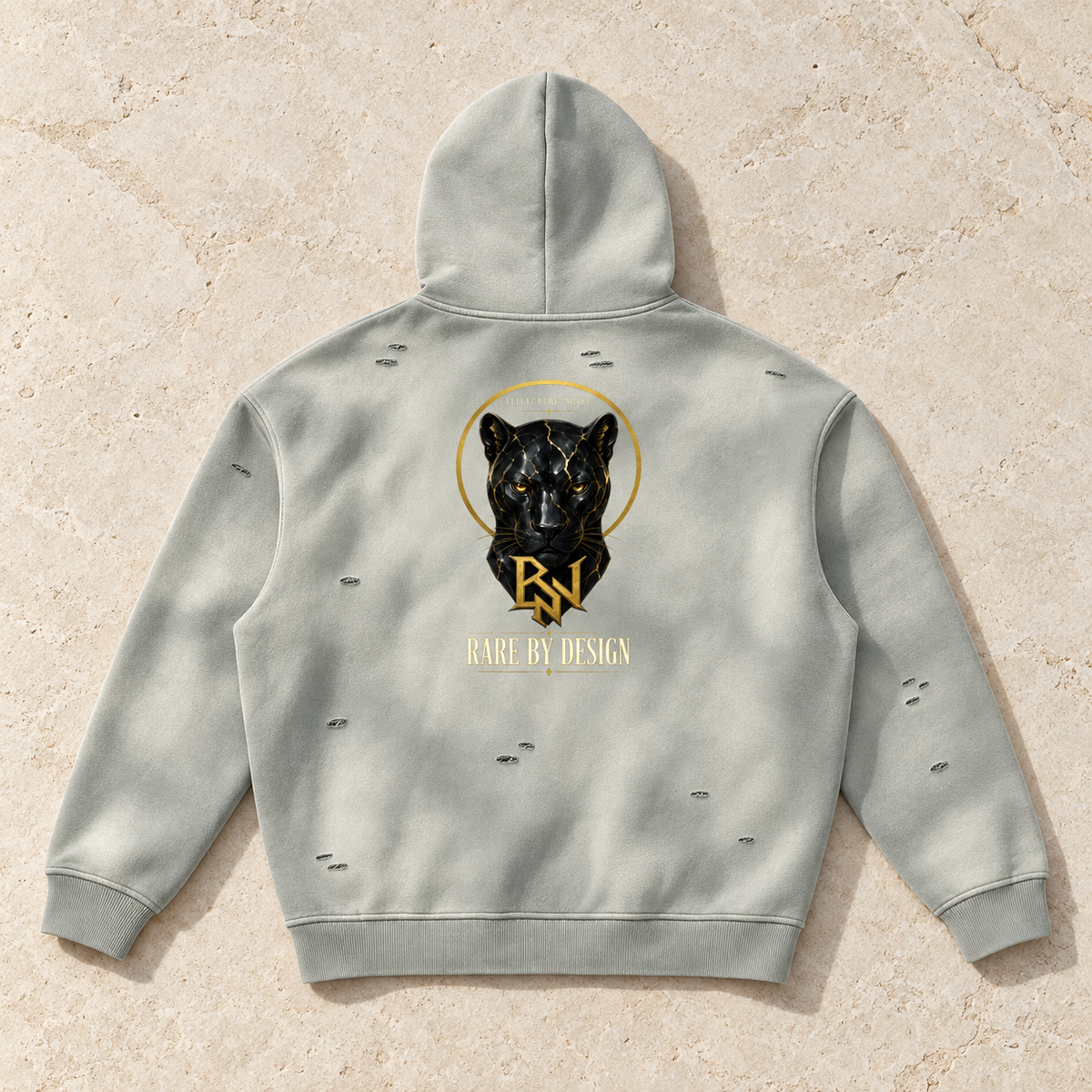 AI styling mockup: Rare By Design light grey hoodie back flat lay