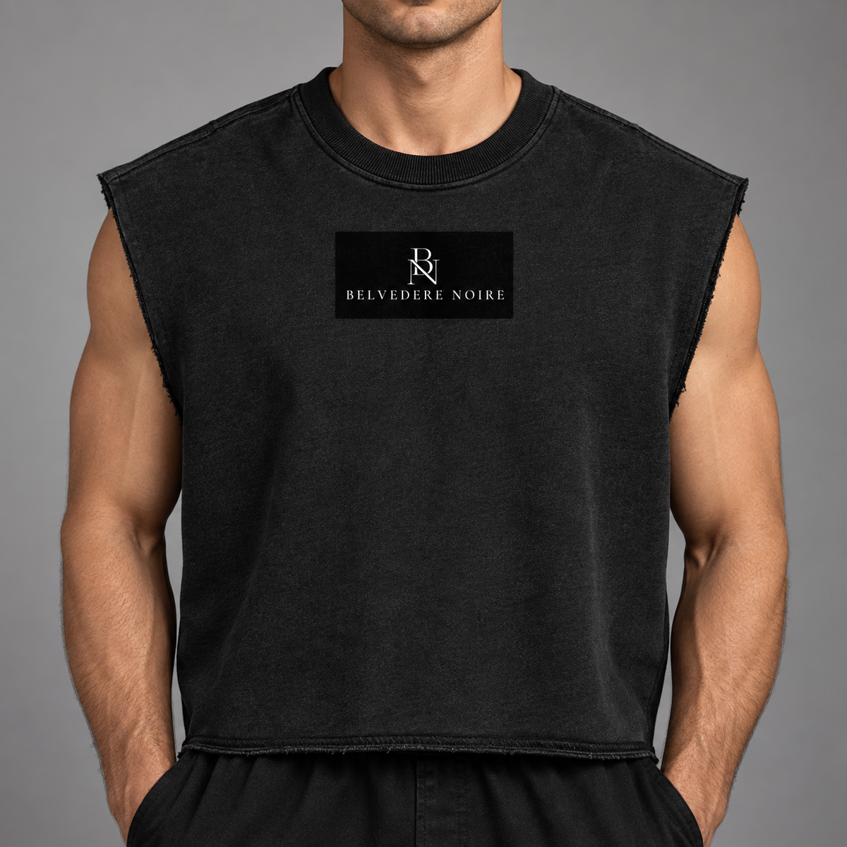 Close detail of the French Terry tank top fabric and clean-finished armhole