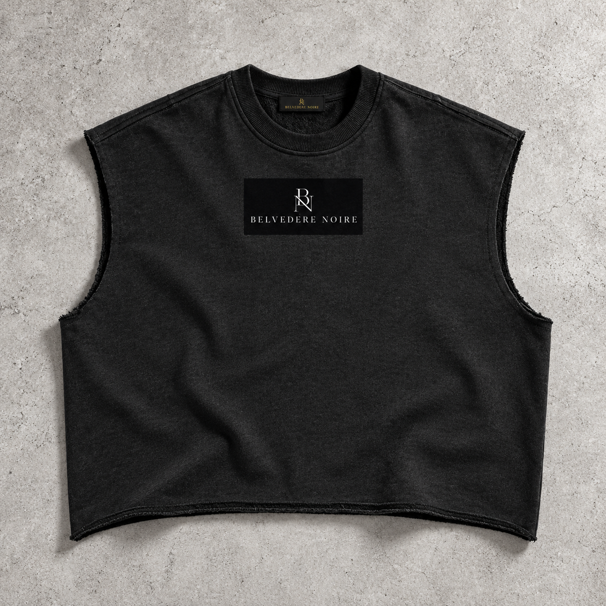 Black French Terry Boxy Tank Top flat lay showing the 340gsm looped-back cotton