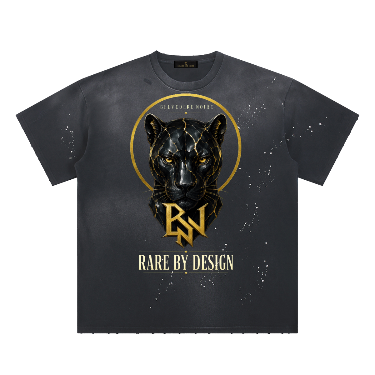 Belvedere Noire Hand-Frayed Sunfade Paint Splatter T-Shirt in black, distressed cotton tee, front view