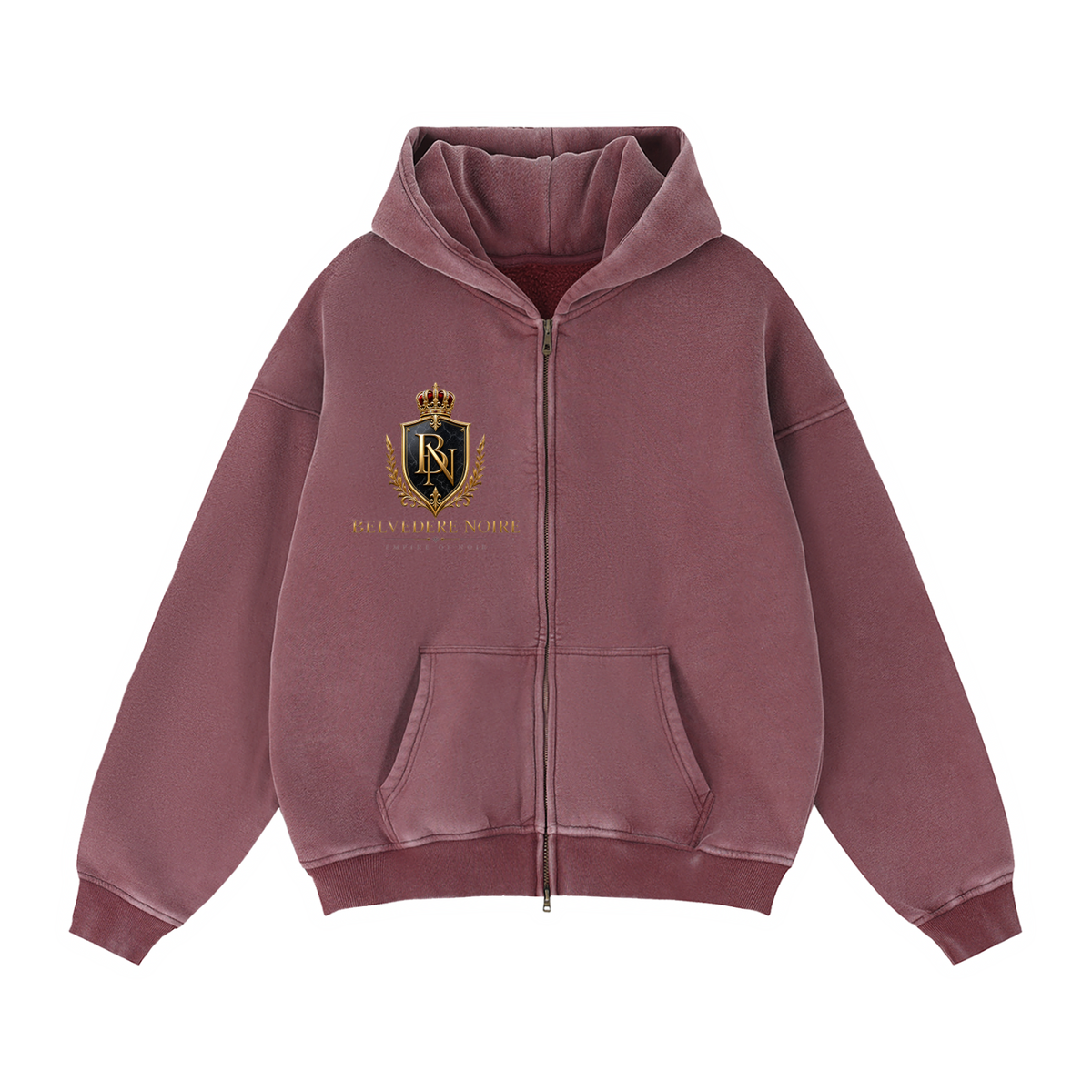 355gsm brushed fleece detail on the Belvedere Noire zip-through boxy hoodie