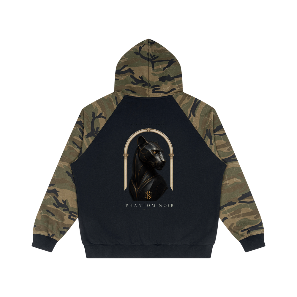 Belvedere Noire Camo-Splice Raglan Zip Hoodie in black with green camo, 410gsm oversized hoodie, front view