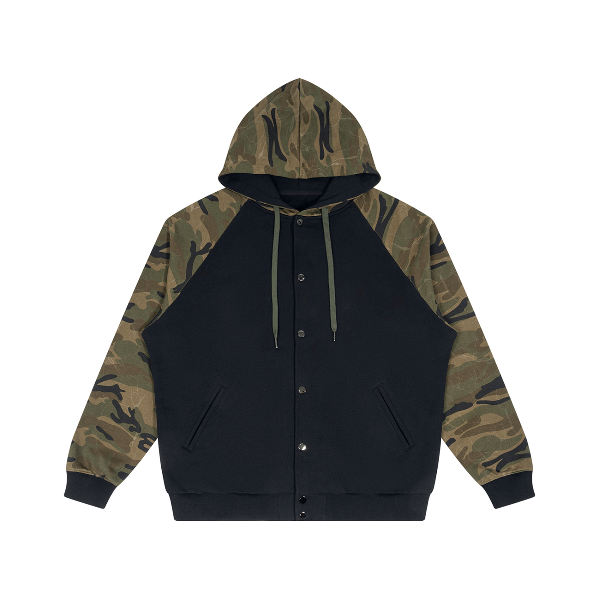 Belvedere Noire Camo-Splice Raglan Zip Hoodie in black with green camo, back view
