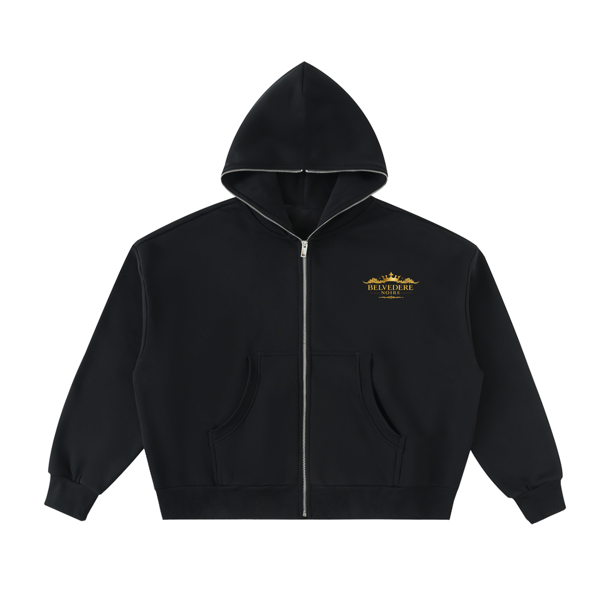 Belvedere Noire Fleeced Full-Zip Boxy Hoodie — Unisex 350gsm Oversized Zip Hoodie