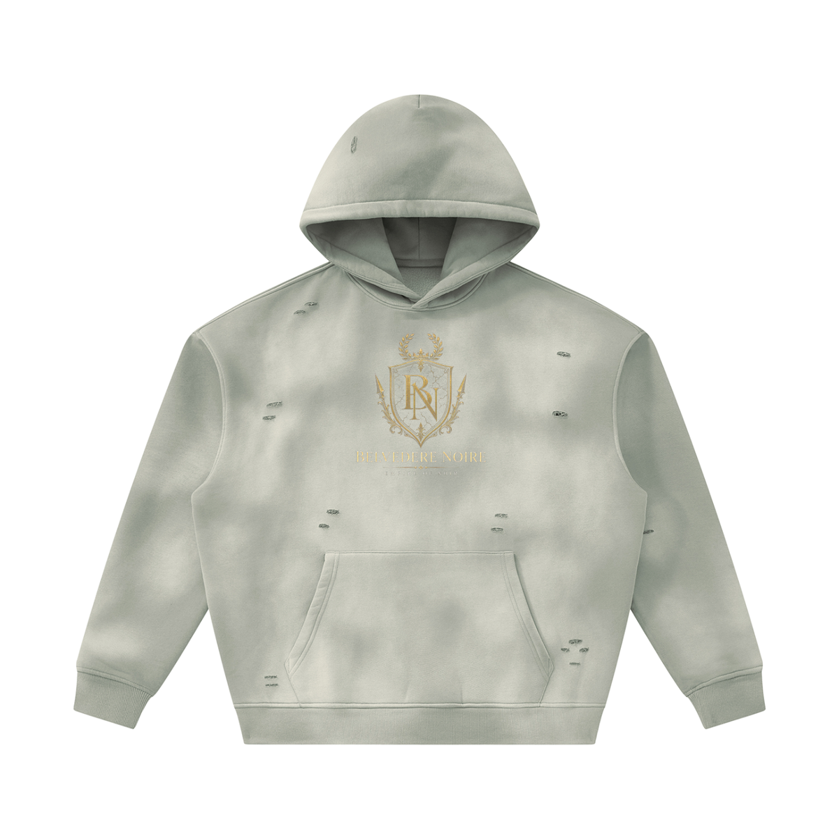 Belvedere Noire Sunfade Frayed Fleece Hoodie in light grey, back view