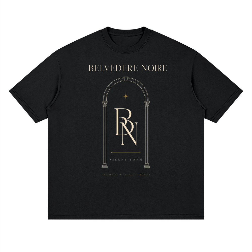 Belvedere Noire Loose Drop Shoulder T-Shirt in black, oversized cotton tee, front view