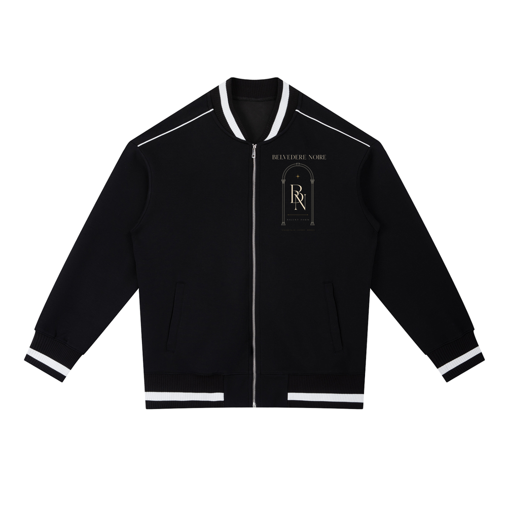 Belvedere Noire Contrast Piping Zip Bomber Jacket in black, unisex streetwear jacket, front view