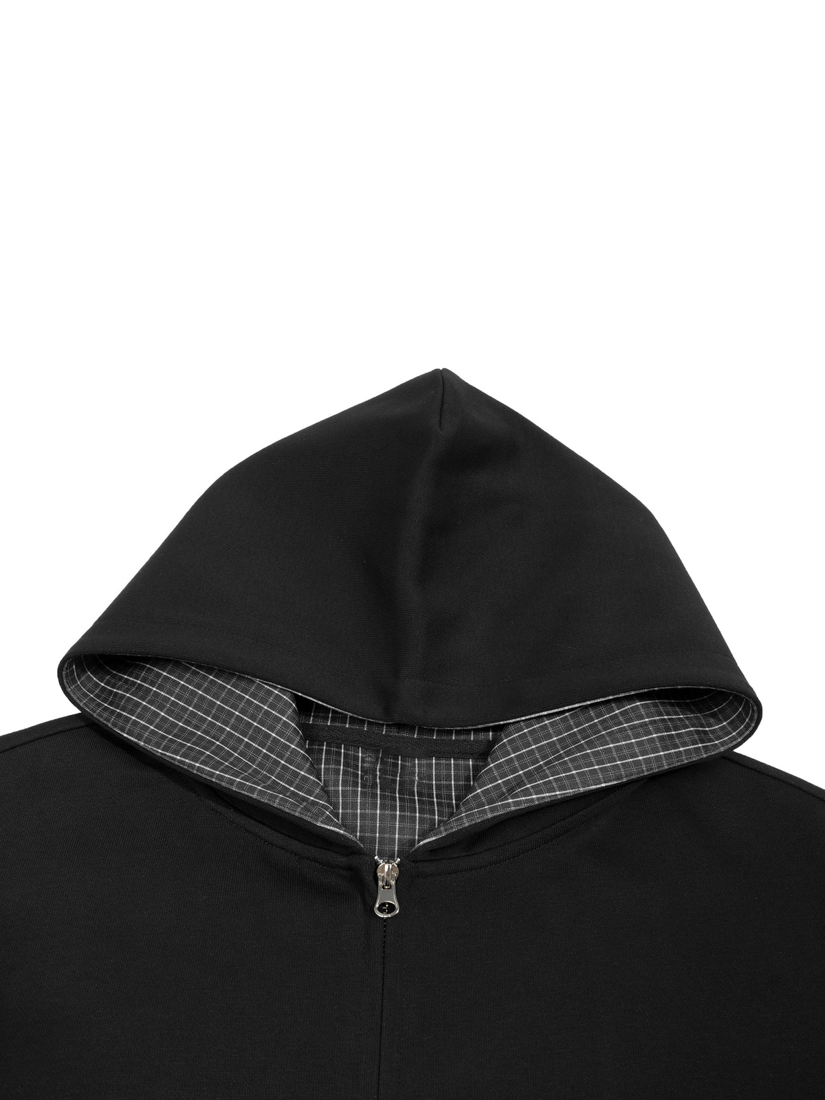 Contrast plaid panel detail on the Belvedere Noire boxy zip hoodie